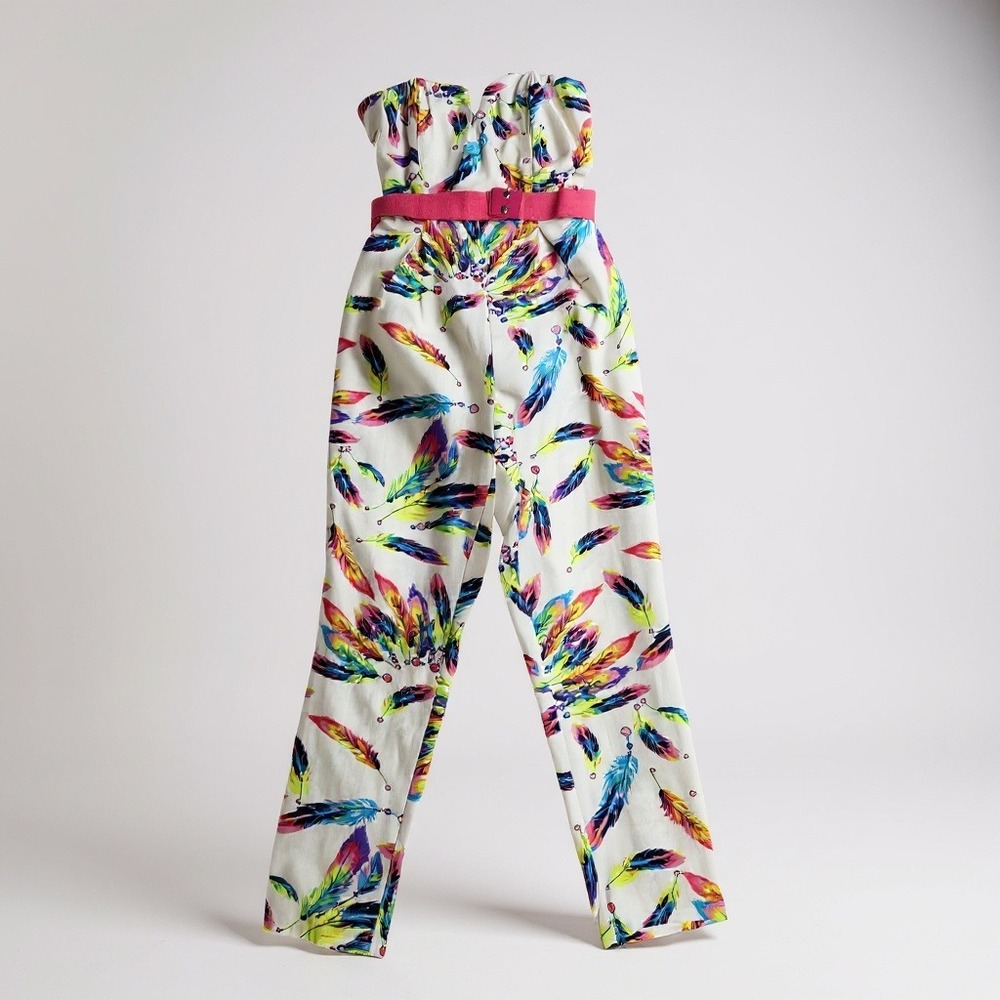Vintage Retro Neon Feather Print Strapless Jumpsuit Womens Medium Belted 80s 90s